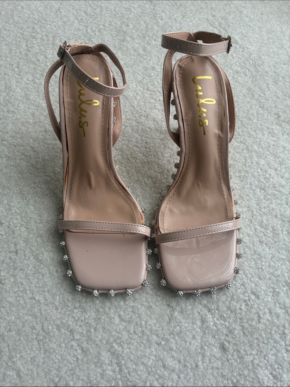 Lulu's Blush Patent Rhinestone-Trim Ankle Strap Heels